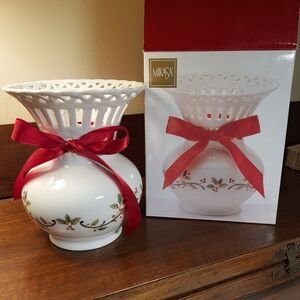 Vintage Mikasa "Holiday Lace" Vase with Holly Design and Red Ribbon Accent